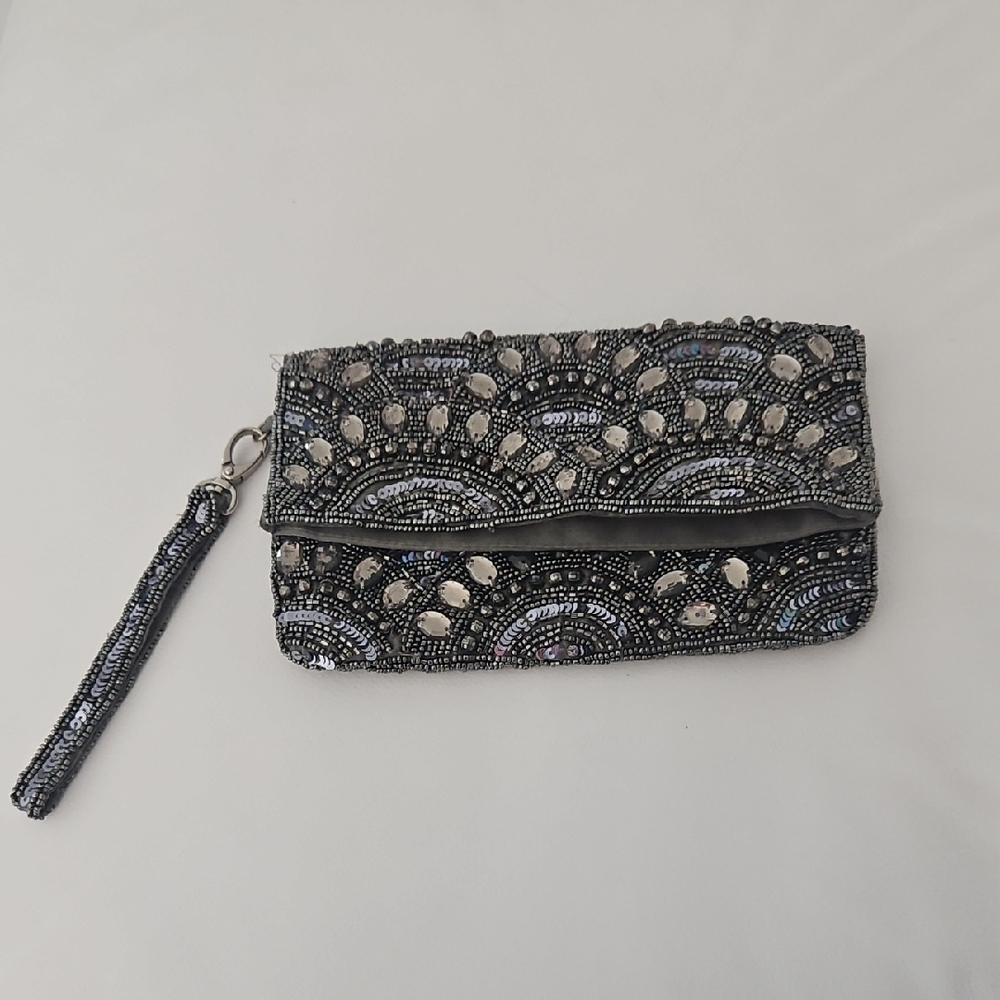Elegant Aldo Black Beaded And Sequined Clutch Wristlet